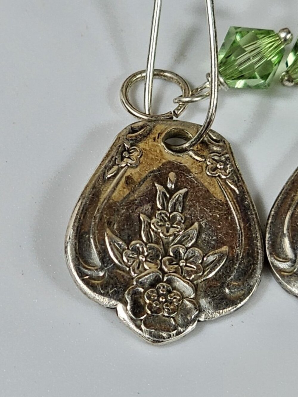 Silver Floral Spoon Handle Earrings with Green Crystal Beads Dangle Drop VTG - Picture 7 of 8
